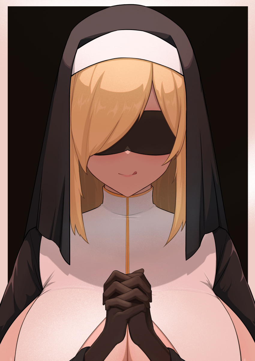 1girls big_breasts blonde_hair breasts cleavage covered_eyes female gigantic_breasts huge_breasts inflationsoul large_breasts long_hair massive_breasts nun original original_character praying upper_body