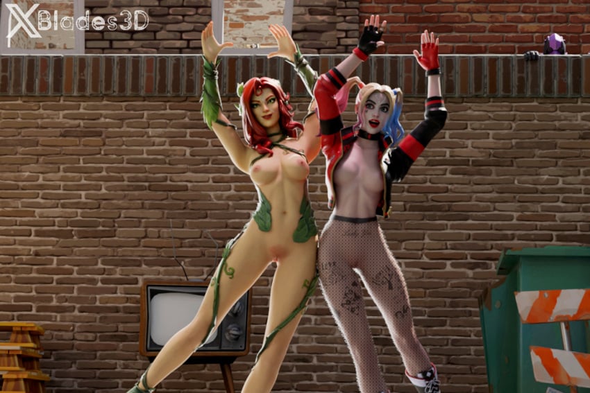 3d alley batman_(series) blades3d breasts choker cum cum_on_breasts cum_on_face dc dc_comics fingerless_gloves fishnet_legwear fishnets fortnite fortnite:_battle_royale functionally_nude functionally_nude_female harley_quinn harley_quinn_(fortnite) jacket jacket_open multicolored_hair nude nude_female outside pamela_isley poison_ivy poison_ivy_(fortnite) pubic_hair public public_nudity pussy tattoo tattoos vines