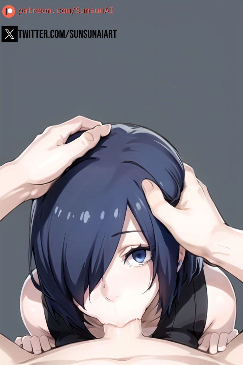 1boy 1girls ai_generated blowjob blue_eyes blue_hair female forced_oral hand_on_head head_grab kirishima_touka looking_at_viewer male medium_breasts oral pale-skinned_female pale_skin sucking sucking_penis sunsunai tokyo_ghoul tokyo_ghoul:re