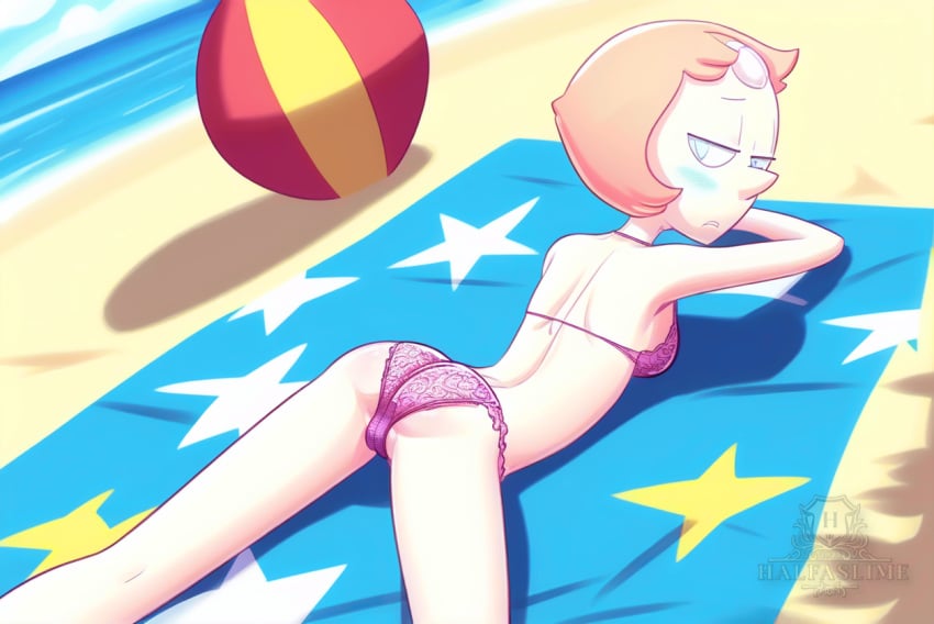 ai_generated beach beach_towel bikini blue_eyes blush cameltoe female halfaslime laying_on_towel legs_apart looking_back non-nude pale_skin pearl_(steven_universe) rear_view solo steven_universe