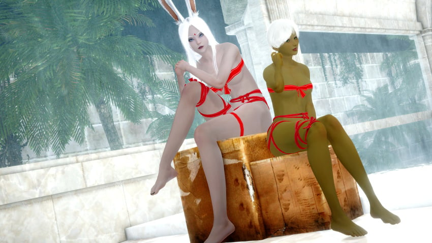 2girls 3d bathhouse brown_body brown_skin caramel-skinned_female dark-skinned_female dark_skin feet female_only final_fantasy final_fantasy_xiv gift gift_wrapped gift_wrapping hi_res high_resolution highres human hyur ifis_girimallikah legs minhako_fischauge only_female red_lipstick riaykuras_playground self_upload sitting viera white_hair