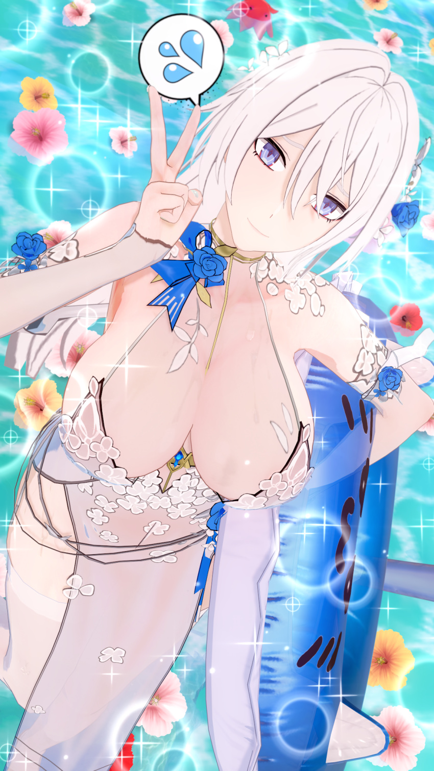 1girls a1stroemeria aether_gazer blur_eyes chinese_clothes chinese_clothing chinese_dress female female_focus female_only gengchen_(aether_gazer) huge_breasts light-skinned_female light_skin long_hair looking_at_viewer pool swimming_ring tagme thick_thighs v_sign water white_hair wide_hips