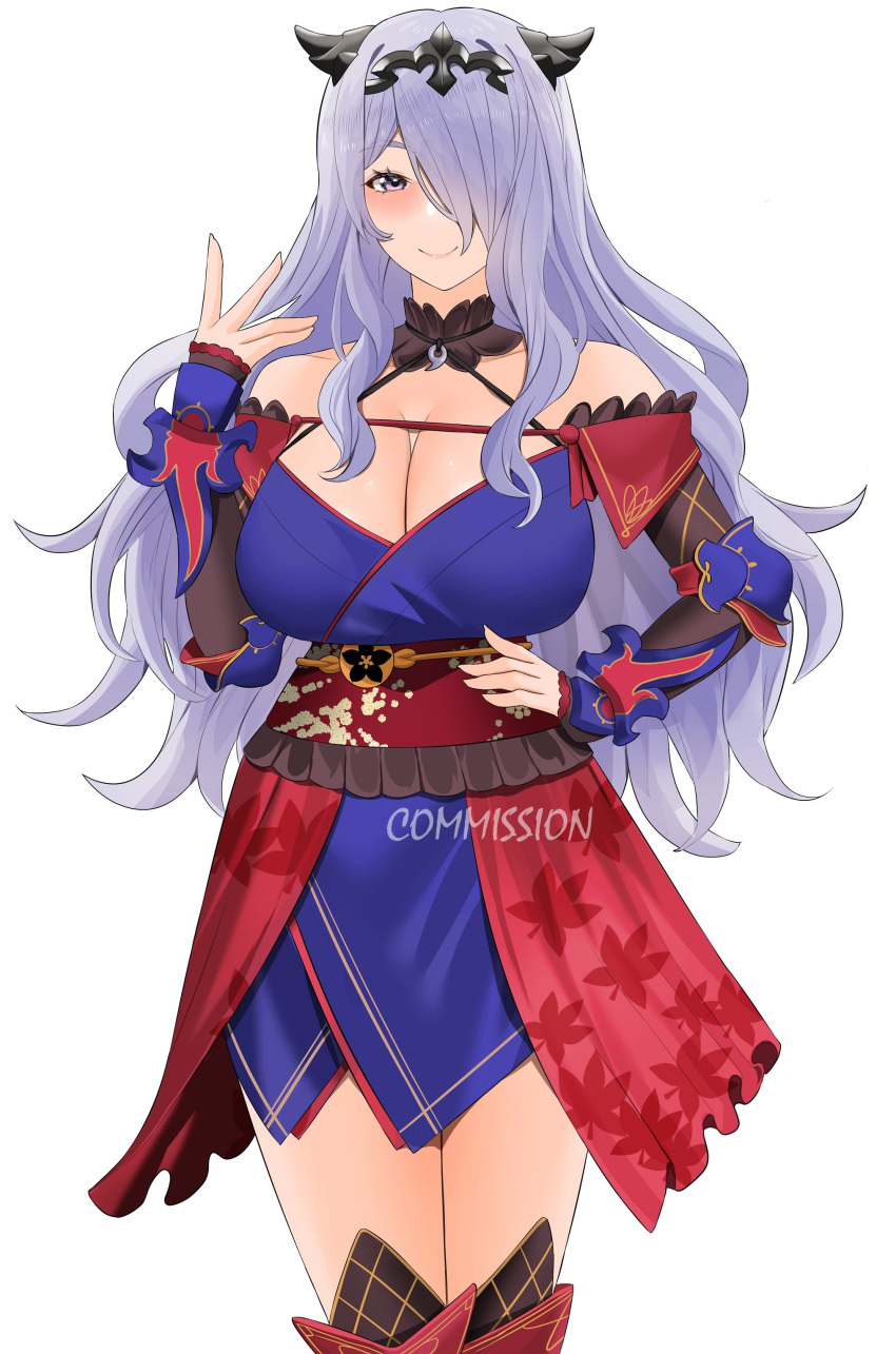 1girls alternate_costume breasts camilla_(fire_emblem) cosplay crossover fate/grand_order fate_(series) female fire_emblem fire_emblem_fates genm7 hair_over_one_eye large_breasts light-skinned_female light_skin long_hair miyamoto_musashi_(fate)_(cosplay) nintendo purple_eyes purple_hair simple_background smile