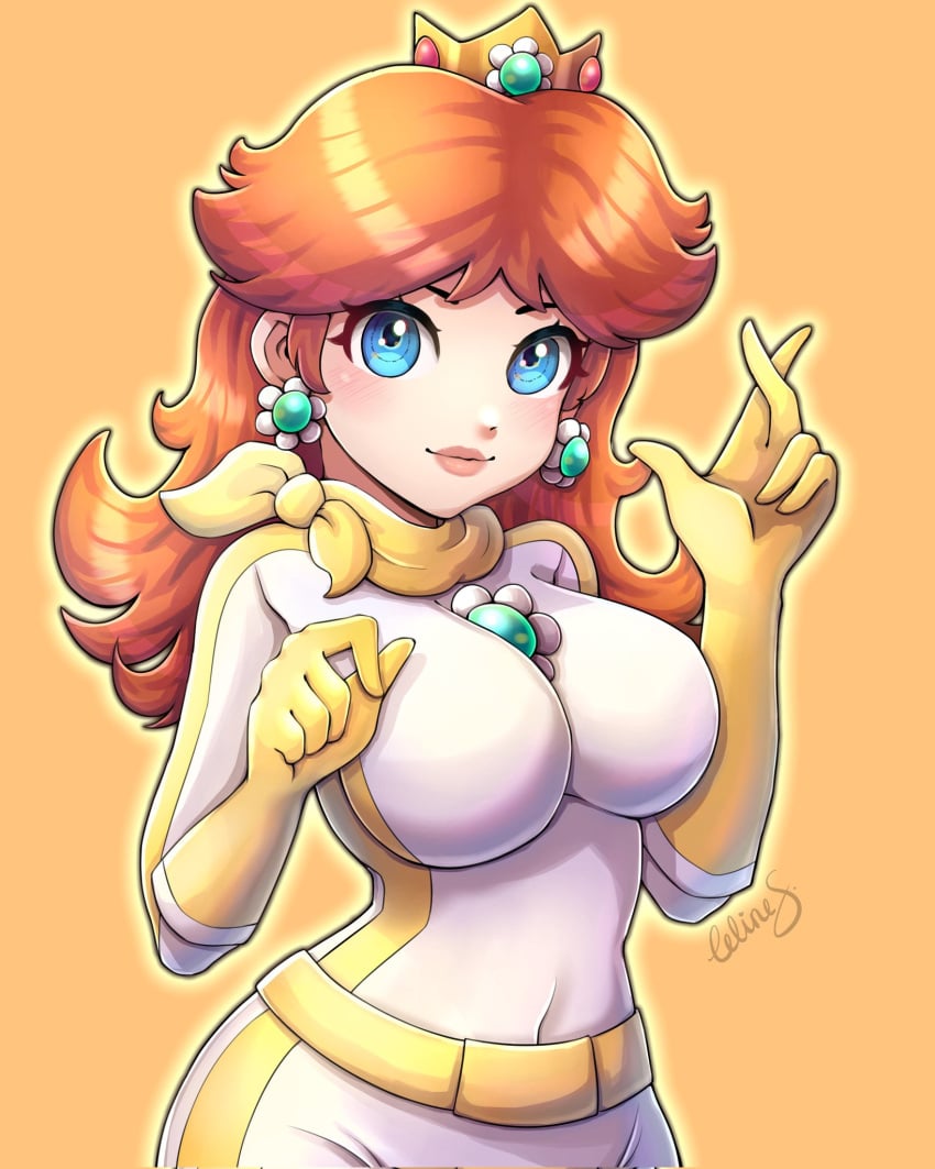 1girls alternate_costume big_breasts biker biker_clothes bikesuit blue_eyes bodysuit breasts brunette busty celischo ear_ring earrings female female_only gloves large_breasts mario_(series) mario_kart nintendo orange_gloves orange_scarf princess_daisy racing_suit racing_uniform skin_tight smile solo voluptuous white_bodysuit