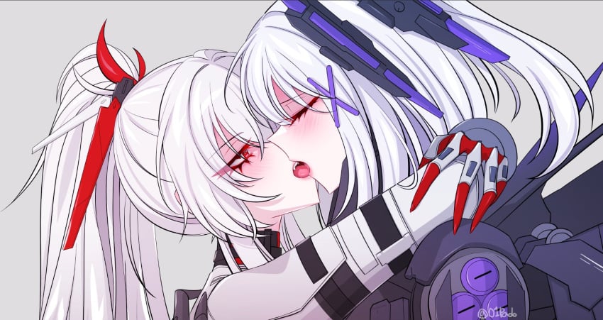 2girls blush closed_eyes female fully_clothed kissing long_hair lucia:_crimson_abyss_(punishing:_gray_raven) lucia_(punishing:_gray_raven) ponytail punishing:_gray_raven red_eyes robot_girl rosetta_(punishing:_gray_raven) short_hair tongue_kiss white_hair yuri