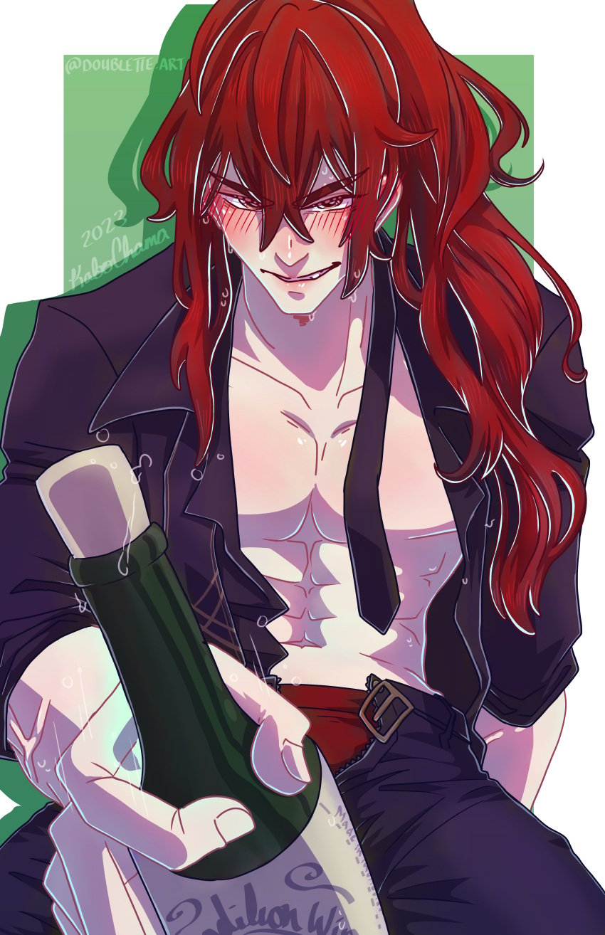 abs boy button_down_shirt clothed clothed_male curly_hair diluc_(genshin_impact) genshin_impact green_background high_ponytail male nsfw_version_available pecs pectorals phallic_symbol ponytail pov pov_blowjob pov_crotch pov_eye_contact red_eyes red_hair sexually_suggestive sfw_version smirk smirking smirking_at_viewer solo_male suggestive_gesture suggestive_look suggestive_pose sweat sweating sweaty tie wine_bottle