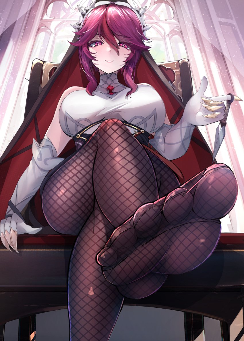 1girls artist_request breasts crossed_legs dagger feet female femdom fishnet_legwear fishnets foot_fetish foot_worship from_below genshin_impact large_breasts looking_at_viewer nonude nun nun's_habit pantyhose pov_feet purple_eyes purple_hair rosaria_(genshin_impact) smile solo_female toes veil