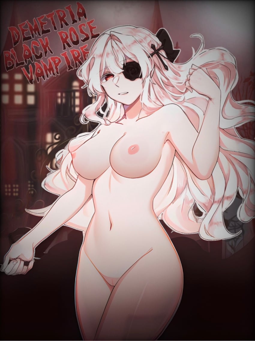 ai_generated black_rose breasts demetria(lhms) female hair_tie holy_cross jaki lhms2 nipples nude pussy red_eyes traced white_hair