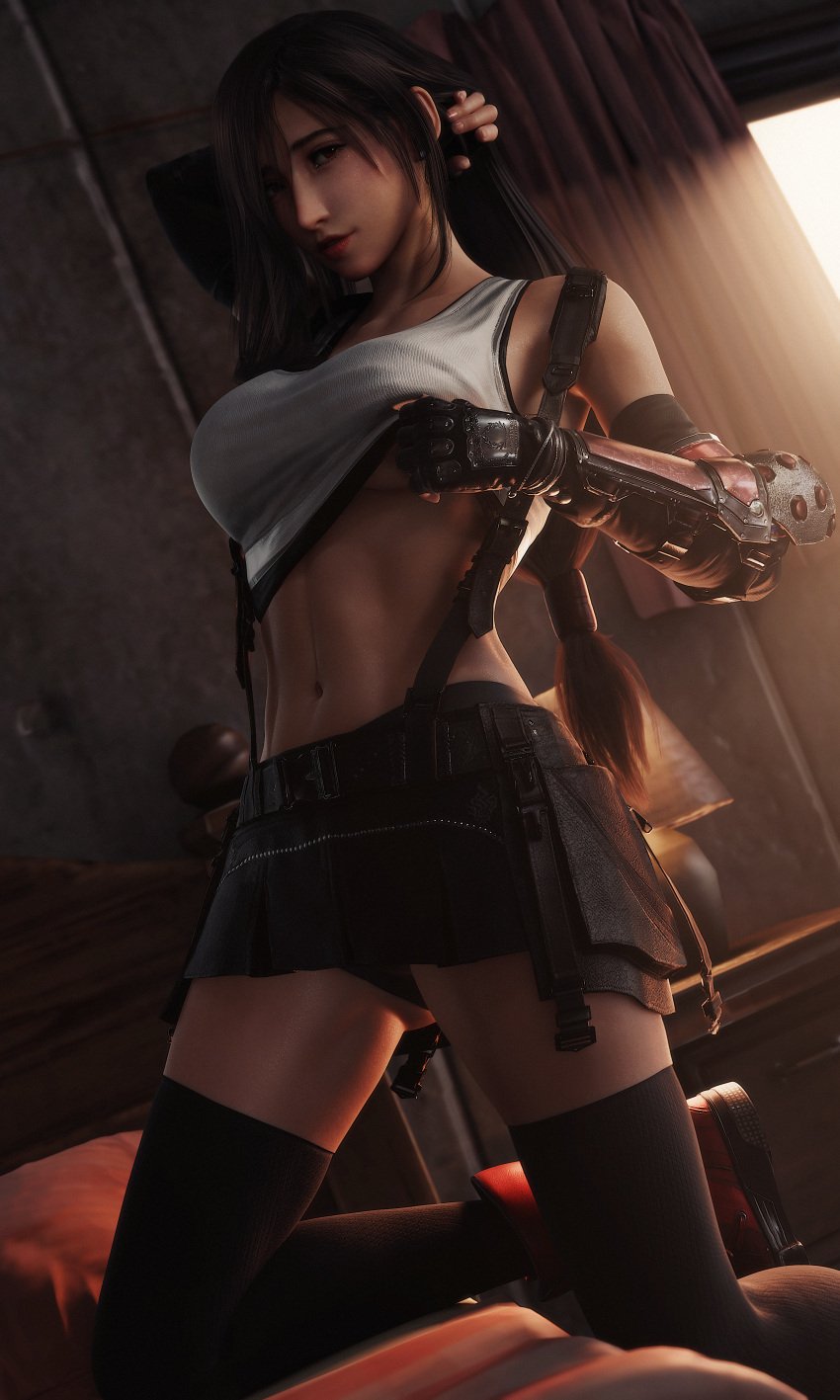 1girls 2024 3d 3d_(artwork) athletic_female black_hair black_thighhighs blender breasts female final_fantasy final_fantasy_vii final_fantasy_vii_remake fit_female highres indoors large_breasts lifted_by_self long_hair looking_at_viewer navel red_eyes ria-neearts skirt spandex_shorts suspenders teasing_viewer thighhighs thighs tifa_lockhart underboob white_tank_top