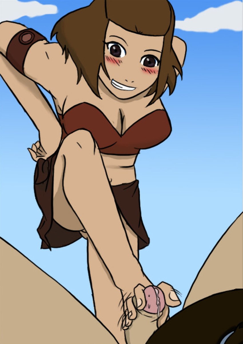 1boy 1boy1girl 1girls avatar_the_last_airbender barefoot blush clothing dark-skinned_male dark_skin feet female foot_fetish footjob human male mattwilson83 medium_breasts skirt sokka straight suki tagme toes