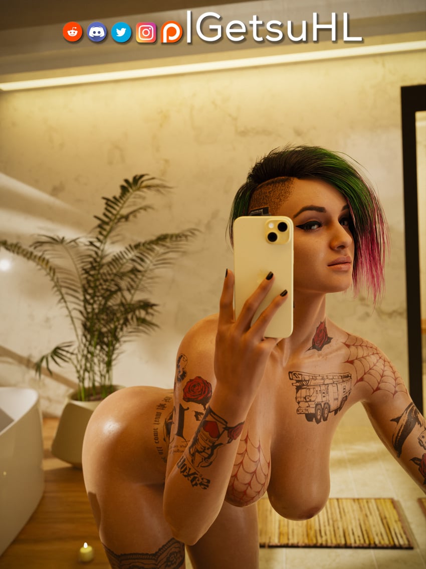 1girls 3d breasts cyberpunk_2077 female getsuhl judy_alvarez nude selfie tattoo