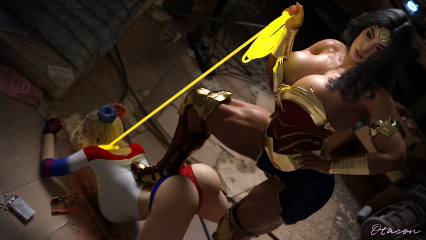 2girls 3d batman_(series) dc dc_comics diana_prince female female/female femdom femsub harley_quinn large_breasts lasso lasso_of_truth muscular_female otacon212 wonder_woman wonder_woman_(series)