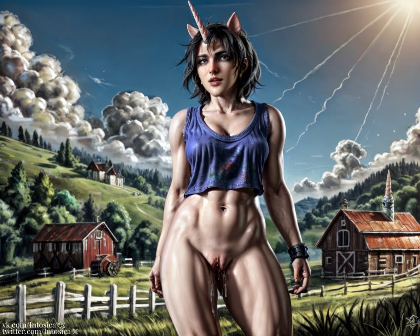 ai_generated barn black_hair bottomless clothed clouds crop_top cum day farm female fence goth grass gray_eyes humanoid hybrid intosica izzzyzzz light_rays looking_at_viewer makeup outdoors pale_skin pussy pussy_juice realistic shaved_pussy standing sunlight sweater tomboy trees unicorn_girl unicorn_horn wristwear youtuber