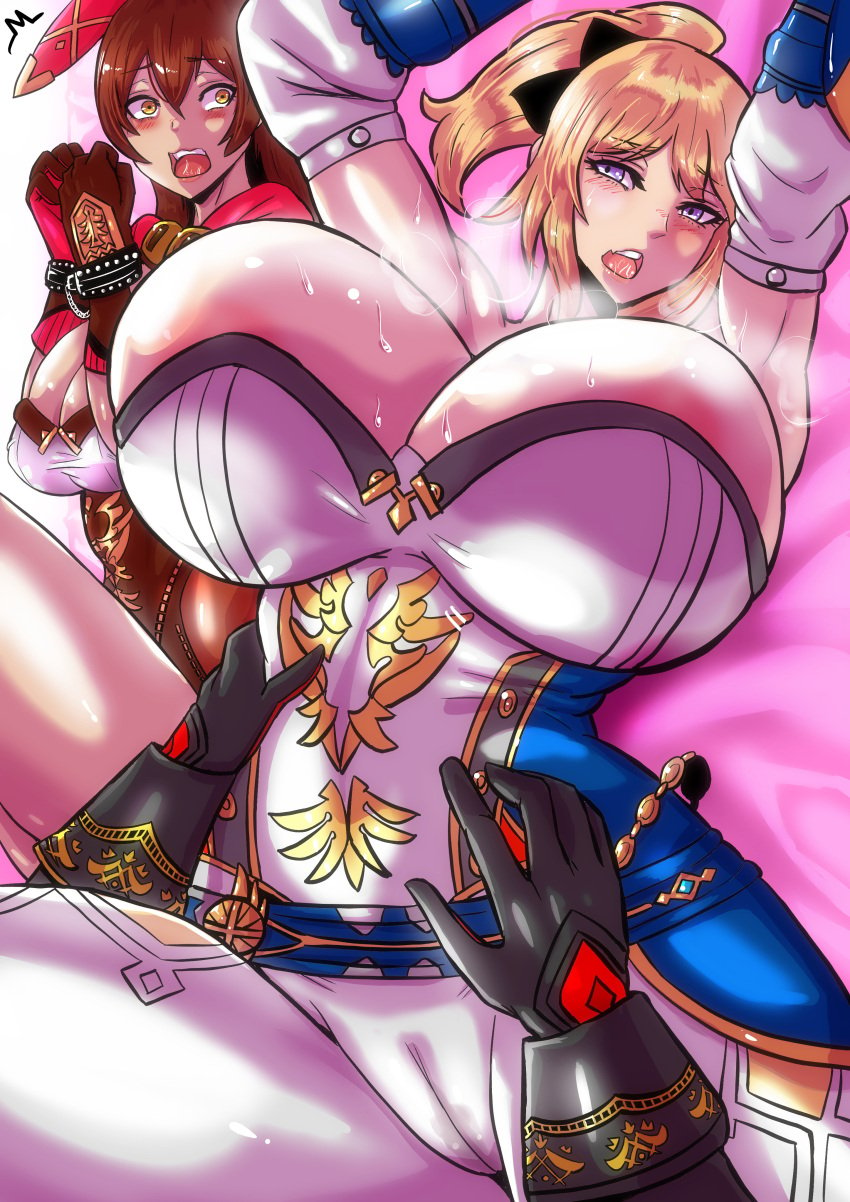 1boy 2girls amber_(genshin_impact) areolae big_breasts big_thighs blonde_hair breasts busty clothed clothed_female clothing diluc_(genshin_impact) genshin_impact gigantic_breasts huge_breasts huge_thighs jean_gunnhildr large_breasts large_thighs long_qing_qing_li male massive_breasts ponytail pussy_bulge pussy_visible_through_clothes steam steamy_breath sweat thick_thighs thighs tickling voluptuous