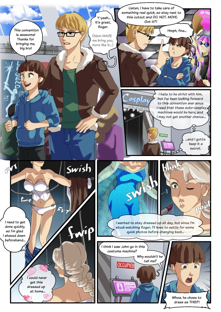 comic comic_page cosplay crossdressing crossplay dialogue disney_princess dress elsa_(frozen) fieryjinx frozen_(film) makeover princess sissification sissy sissyfication transformation