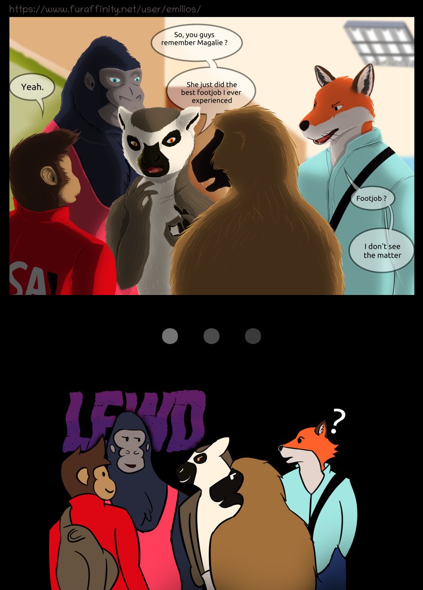 absurd_res anthro atelid canid canine challenge comic emilios english_text feet foot_fetish foot_play footjob fox gorilla group haplorhine hi_res lemurian male male/male mammal monkey new_world_monkey primate school sex spider_monkey text university