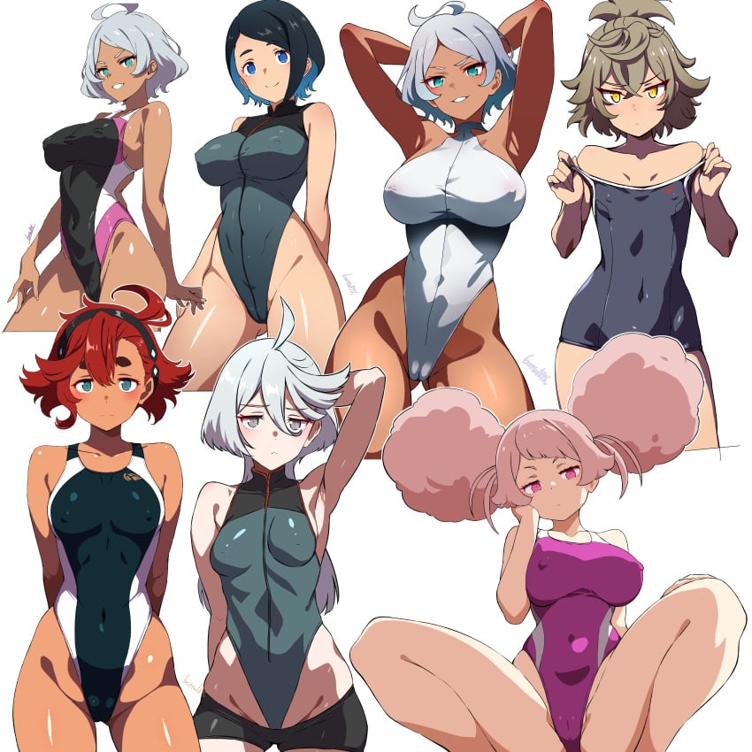 absurdres afro_puffs armpits arms_behind_back arms_behind_head bare_arms batta_16-sei big_breasts black_hairband black_one-piece_swimsuit blue_eyes breasts cameltoe chuatury_panlunch cleft_of_venus covered_navel cowboy_shot crotch curvy dark-skinned_female dark_skin felsi_rollo female female_only green_eyes grey_eyes grey_hair grin gundam gundam_suisei_no_majo hair_between_eyes hair_tuft hairband heart highleg highleg_leotard highleg_swimsuit highres huge_breasts large_breasts leotard looking_at_viewer medium_breasts miorine_rembran multicolored_clothes multicolored_swimsuit multiple_girls naughty_face nika_nanaura nipples one-piece_swimsuit pink_hair red_hair secelia_dote seductive_smile shiny_skin short_hair simple_background small_breasts smile suletta_mercury swimsuit thick_eyebrows thighs thong_leotard topknot two-tone_swimsuit white_background white_leotard wide_hips