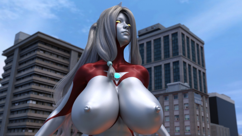 3d alien alien_girl alien_humanoid breasts glowing_eyes large_breasts nipples nude original original_character outside silver_skin superheroine thick_thighs ultraman_(franchise) ultrawoman wide_hips yoidore