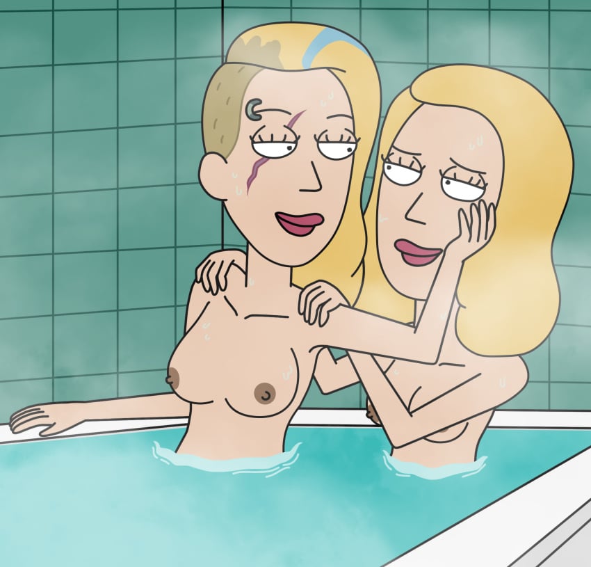 2d 2d_(artwork) 2girls 5_fingers accurate_art_style adult_swim areola areolae bath bathing bathroom bathtub beth_smith blonde_hair breasts clavicle collarbone color colored completely_naked completely_naked_female completely_nude completely_nude_female erect_nipples eyebrow_piercing eyelashes female_only hand_on_face j_d_ lesbian lips lipstick looking_at_another looking_back looking_into_eyes lovers loving_gaze massage massaging_shoulders medium_hair multiple_girls naked naked_female nipples no_bra no_clothes no_sex nude nude_female nudity piercing rick_and_morty scar scar_across_eye selfcest shaved_side shoulder_length_hair space_beth steam steamy sweat sweatdrop sweating uncensored water yuri