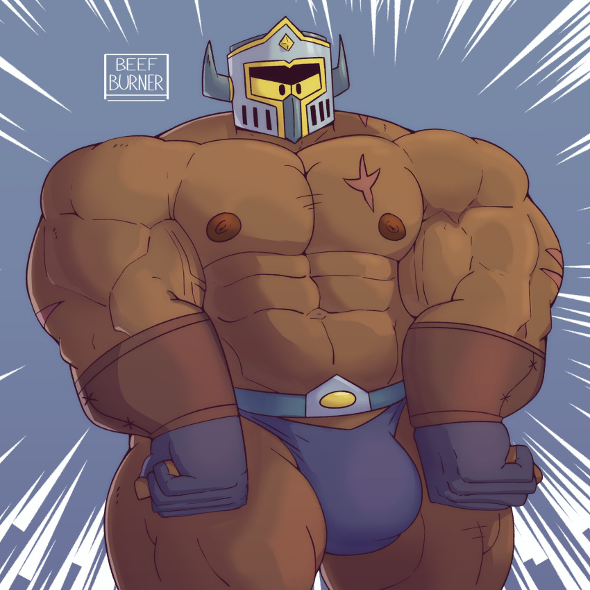 atlas_(beefburner) balls bara beefburner big_balls big_penis bulge flaccid helmet knight male male_only muscles muscular no_visible_genitalia penis solo solo_male