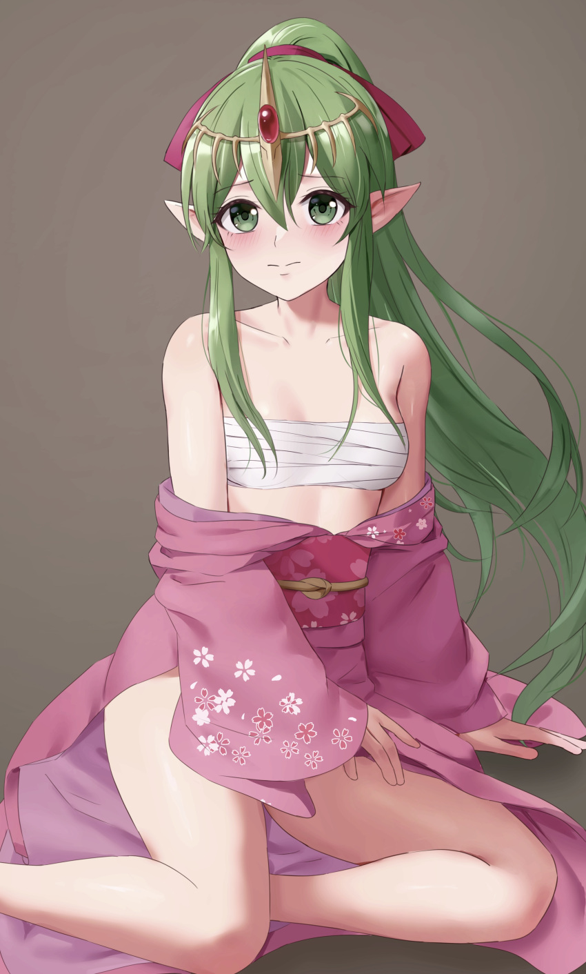 1girls absurdres alternate_costume amayo_thranana bandages bandeau bare_legs bare_shoulders breasts chest_sarashi collarbone commentary_request female female_only fire_emblem fire_emblem:_mystery_of_the_emblem fire_emblem:_shadow_dragon_and_the_blade_of_light green_eyes green_hair grey_background highres japanese_clothes kimono legs long_hair long_sleeves looking_at_viewer nintendo obi off_shoulder pink_kimono pink_sash pointy_ears ponytail sarashi sash shoulders simple_background sitting small_breasts solo strapless tiki_(fire_emblem) tiki_(young)_(fire_emblem) tube_top very_long_hair wide_sleeves yokozuwari