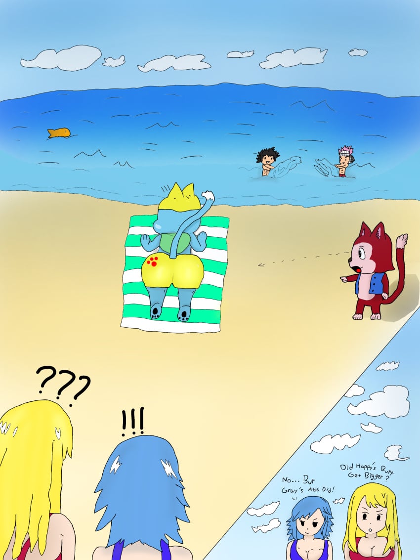 anthro ass ass beach beach_towel big_butt bikini black_hair blonde_hair blue_fur blue_hair cloud confusion domestic_cat exceed fairy_tail feline feline female gray_fullbuster happy_(fairy_tail) human juvia_lockser lector_(fairy_tail) long_tail lucy_heartfilia lust male natsu_dragneel pink_hair red_fur sand scarf sea seaside short_stack splashing splashing_water swim_cap swimming_trunks swimsuit tail water wide_eyed