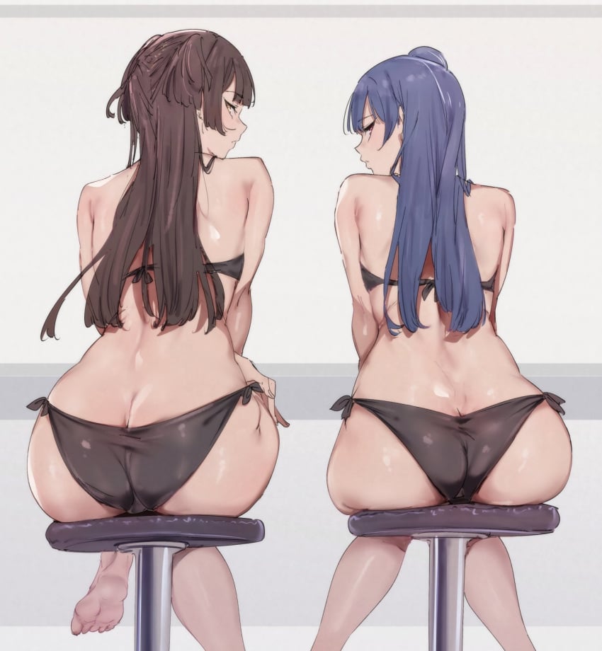 2girls alp ass bare_back bare_legs bare_thighs barefoot bikini black_bikini black_bikini_bottom black_bikini_top black_swimsuit black_swimwear blue_hair brown_hair butt_crack feet idolmaster idolmaster_shiny_colors light_skin lips long_hair looking_at_viewer looking_back love_live! love_live!_sunshine!! mayuzumi_fuyuko multiple_girls shiny_skin side_bun sitting sitting_on_chair soles stool swimsuit swimwear thick_ass thick_thighs toes tsushima_yoshiko