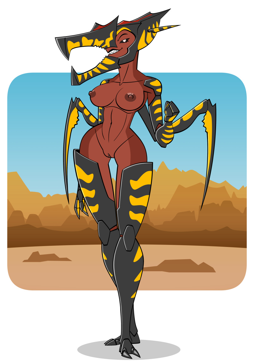 2_toes 3_fingers 4_arms absurd_res anthro arachnid_(starship_troopers) black_body black_exoskeleton breasts claws countershade_face countershade_neck countershade_torso countershading dark_sclera desert exoskeleton extraterrestrial feet female fingers fist genitals hi_res long_limbs looking_at_viewer mandibles markings multi_arm multi_limb nipples penny_prickles plantigrade pseudo_arachnid pussy red_body red_markings red_skin sharp_teeth simple_background slim smile solo standing starship_troopers stripes teeth toes warrior_bug white_background white_eyes yellow_body yellow_exoskeleton yellow_stripes zikka_arakni