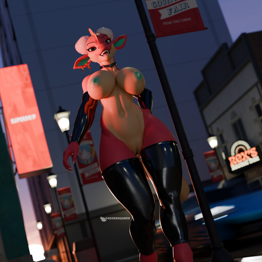 3d_(artwork) absurd_res anthro areola blender_(software) blender_cycles breasts car city clothing digital_media_(artwork) dododragon56 ear_piercing ear_ring female genitals hi_res horn jewelry kobold latex latex_clothing latex_legwear latex_stockings legwear looking_at_viewer meep_the_kobold_(character) motion_blur nipple_tape nipples nude pasties piercing pussy reptile ring_piercing scalie sign smile solo stockings tape vehicle walking