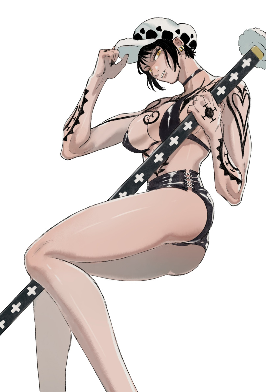 big_breasts bikini_top black_bikini_top black_hair canon_genderswap chest_tattoo choker cleavage color female female_only genderswap_(mtf) guillartee hat headwear highres katana leather_clothing one_piece rule_63 short_hair short_shorts shorts shounen_jump sidelocks solo sword tattoo tattooed_arm tattoos trafalgar_law trafalgar_law_(female) yellow_eyes