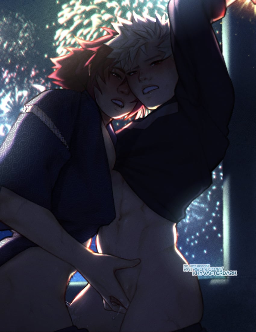 2boys cuntboy eijirou_kirishima eye_contact fingering handjob intersex katsuki_bakugou khyvafterdark male/male male_only my_hero_academia tagme