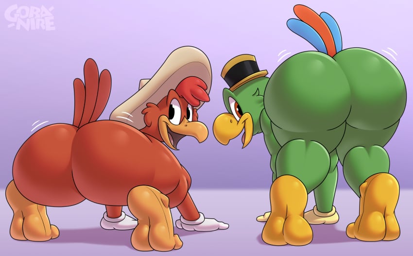 anthro ass avian big_ass chicken disney duo gloves gobanire hat jose_carioca looking_back male male_only nude panchito_pistoles parrot presenting presenting_hindquarters sombrero the_three_caballeros twerking