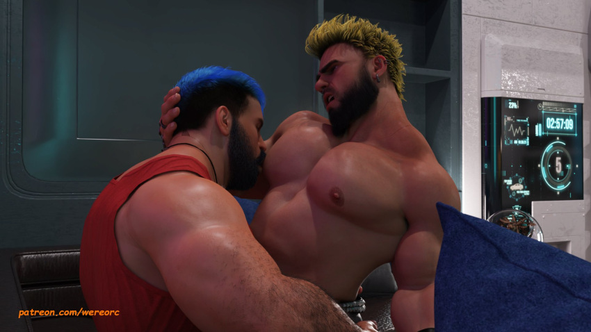 2boys 2humans 2males 3d 3d_(artwork) 3d_model bara bara_tiddies bara_tits blue_hair dwarf gay indoors kissing making_out male/male male_focus male_only manly masculine muscles muscular muscular_male oc original original_characters sensual shirtless shirtless_(male) shirtless_male sucking sucking_nipple sucking_pecs wereorc_(artist) yellow_hair