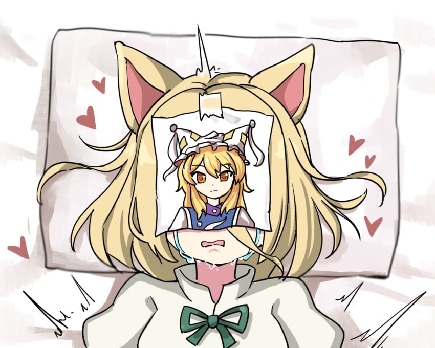 ^^^ animal_ears bed_sheet blonde_hair covered_face crying facing_viewer female fox_ears fox_girl fyxq green_ribbons heart highres implied_sex kudamaki_tsukasa neck_ribbon open_mouth photo_(object) photo_on_face pillow portrait ran_yakumo ribbon sad short_hair solo streaming_tears tagme tape tears touhou tragic yakumo_ran