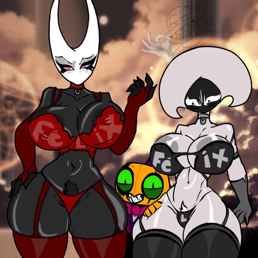 2girls areola_slip areolae ass breasts choker felix hollow_knight hollow_knight:_silksong hornet hornet_(hollow_knight) huge_breasts lace lace_(hollow_knight) lingerie pumpkin thin_waist thong wide_hips