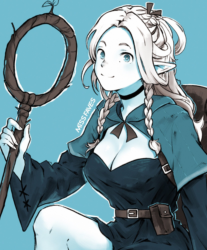 artist_name belt belt_pouch blonde_hair blue_background blue_theme breasts choker cleavage cleavage_cutout closed_mouth clothing_cutout commentary dungeon_meshi elf female highres large_breasts marcille_donato missfaves monochrome pointy_ears pouch simple_background smile solo twitter_username