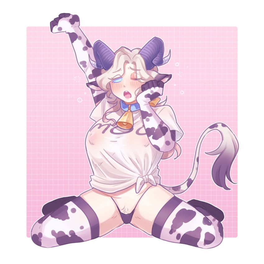 1girls blue_eyes blush breasts cow_ears cow_girl cow_horns cow_print cow_tail cowbell female genderswap_(mtf) horns identity_v joseph_desaulniers light-skinned_female light_skin long_hair nipples one_eye_closed open_mouth panties see-through shirt sitting solo stretching text_on_clothing thighhighs tied_shirt tired vip_komilk white_background white_hair white_shirt yawn