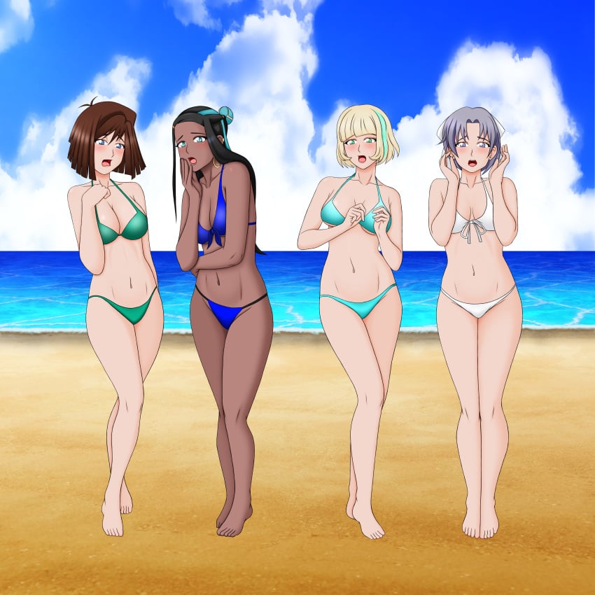 4girls anoneysnufftan anzu_mazaki aurastudio beach bikini black_hair blonde_hair blue_eyes brown_hair crossover dark-skinned_female dark_skin eastern_and_western_character female female_only gasp green_eyes grey_eyes grey_hair jackie_lynn_thomas multiple_girls nessa_(pokemon) ocean onlookers pokemon sand scared seaside senran_kagura sky spectators star_vs_the_forces_of_evil summer swimsuit tea_gardner watching water yu-gi-oh! yumi_(senran_kagura)