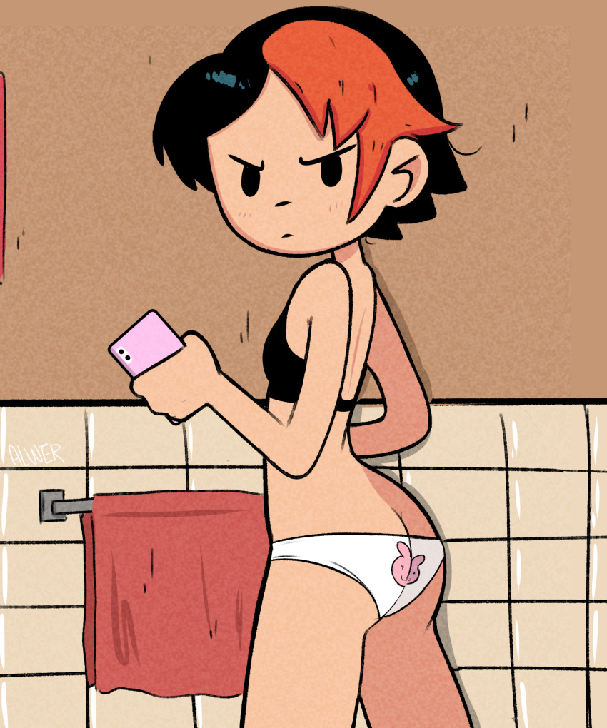 1girls alwer asian bathroom black_eyes black_hair chinese female holding_object knives_chau looking_at_viewer panties phone red_streak scott_pilgrim short_hair solo solo_female streaked_hair towel underwear