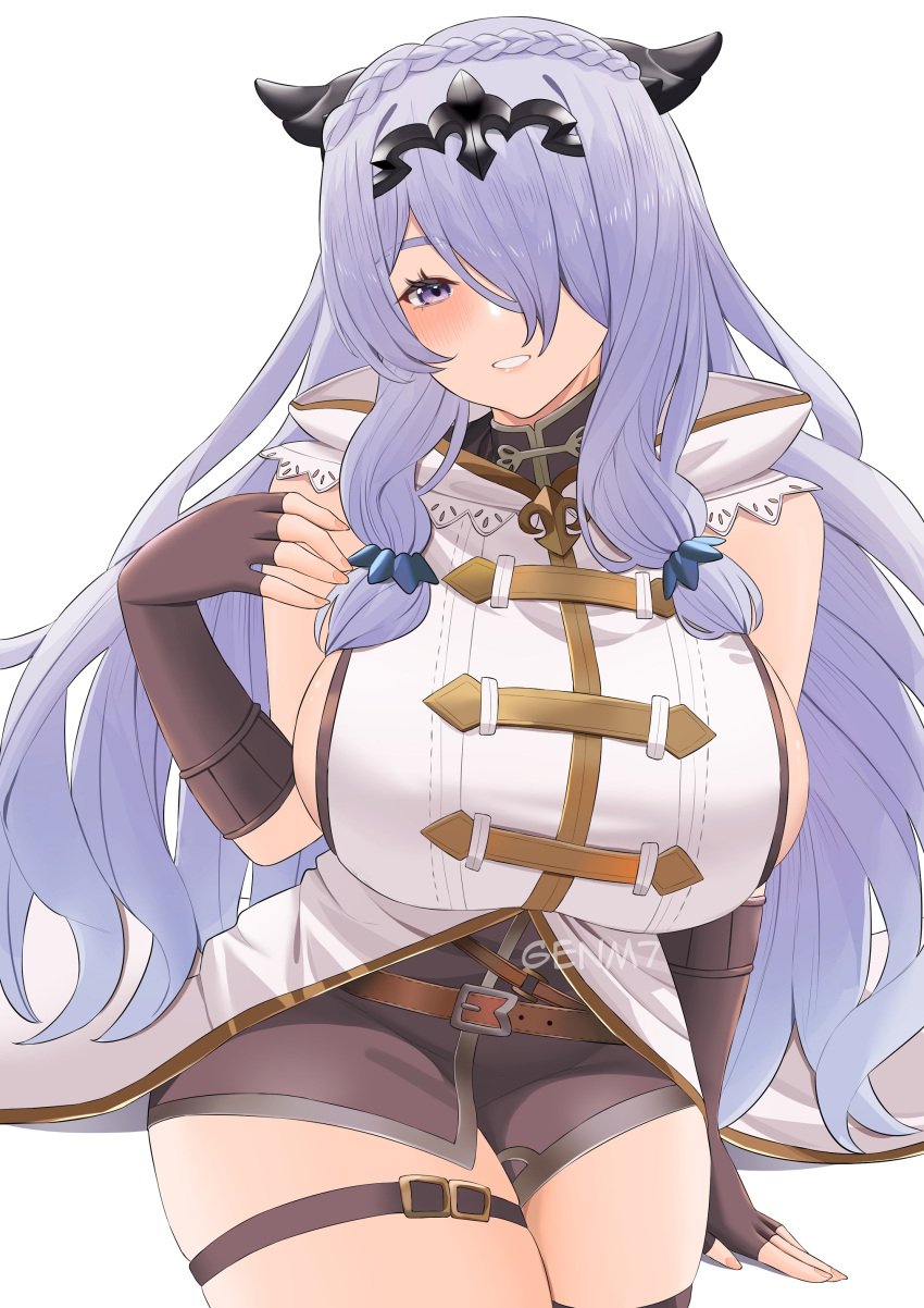 1girls absurdres alternate_costume black_gloves braid breasts camilla_(fire_emblem) cosplay crown_braid female female female_only fingerless_gloves fire_emblem fire_emblem_fates genm7 gloves granblue_fantasy highres large_breasts looking_at_viewer low-tied_sidelocks narmaya_(granblue_fantasy) narmaya_(granblue_fantasy)_(cosplay) nintendo parted_lips purple_eyes purple_hair shorts sideboob sidelocks smile solo teeth thigh_strap tiara white_background