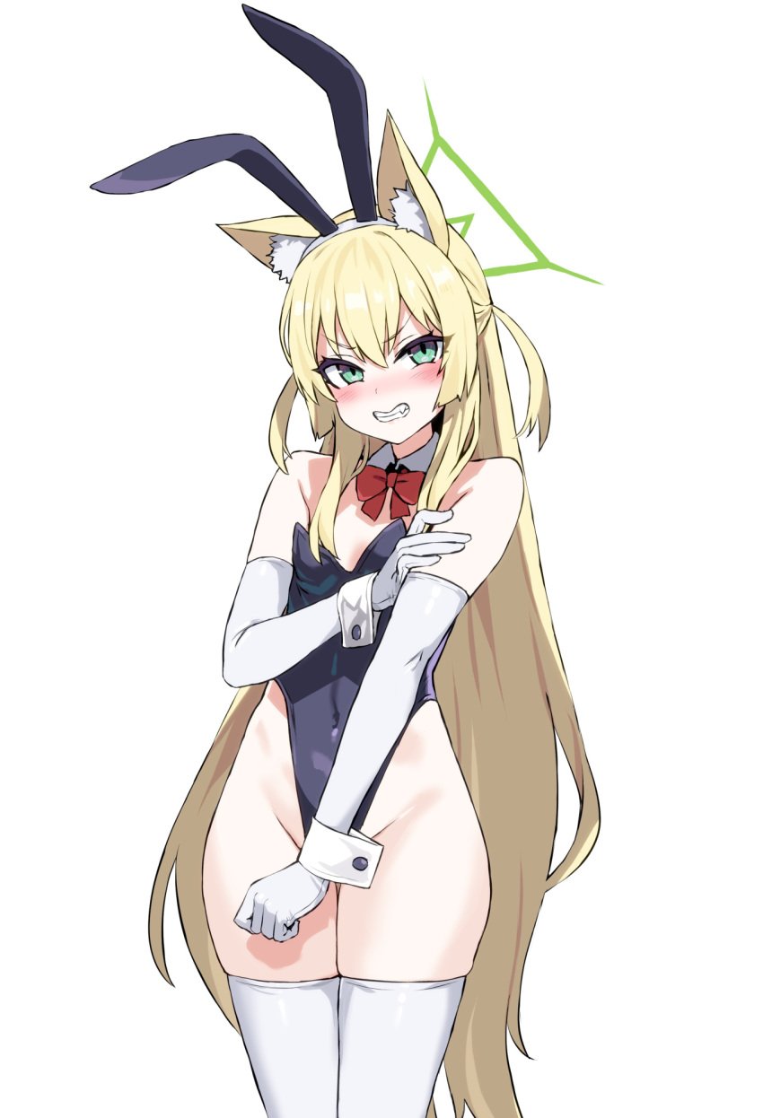 asanagi blonde_hair blue_archive bunnysuit flat_chest fox_ears fox_squad_(blue_archive) halo kurumi_(blue_archive) small_breasts srt_special_academy_student