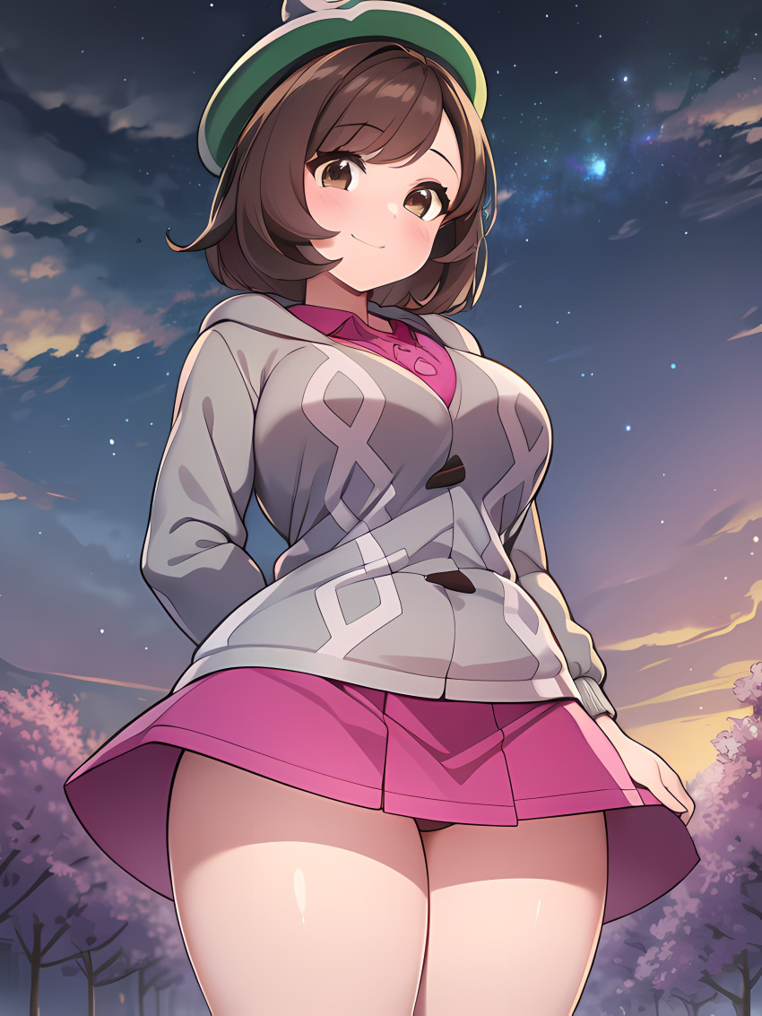 ai_generated background big_breasts blush breasts brown_eyes brown_hair chubby_legs eyebrows_visible_through_hair eyelashes eyelashes_visible_through_hair female female_only game_freak gloria_(pokemon) green_hat grey_clothing huge_breasts large_breasts looking_at_viewer looking_down night night_sky nintendo pale-skinned_female pale_skin panties panty_peek pink_clothing pink_dress pink_skin pink_trees pokemon pokemon_ss pokemon_trainer red_panties round_breasts shiny_skin shoulder_length_hair skirt_lift smile smiling_at_viewer thick_thighs thighs tight_clothing white_ball