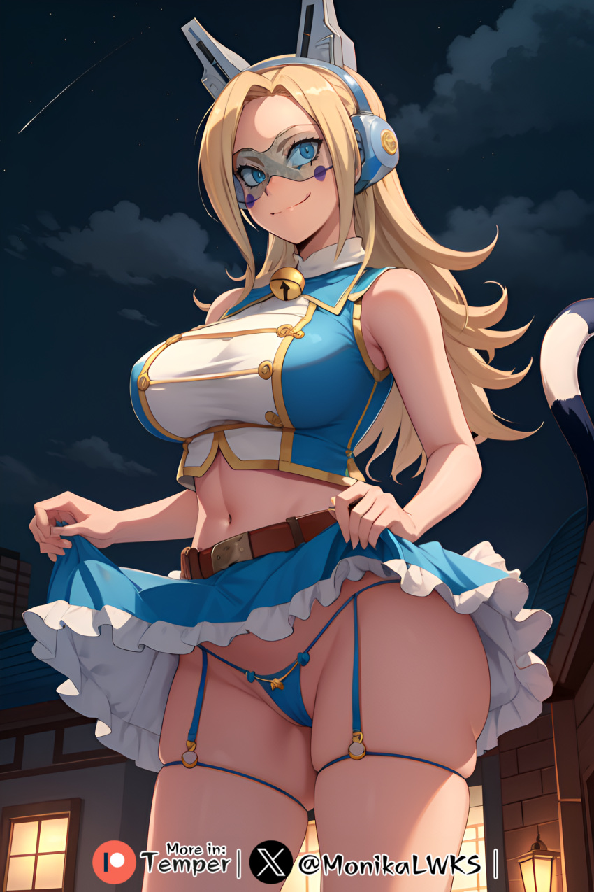 ai_generated big_breasts blonde_hair blue-tinted_eyewear boku_no_hero_academia cameltoe cat_tail catgirl hero_outfit_(mha) leg_garter micro_bikini micro_thong my_hero_academia pixie_bob ryuuko_tsuchikawa skirt skirt_lift skirt_up stable_diffusion suspenders temper_ai tinted_eyewear visor