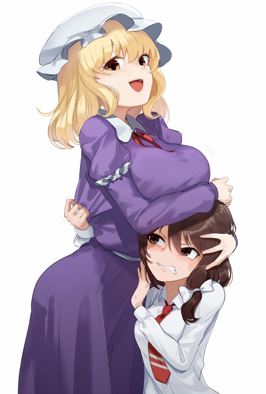 2girls blonde_hair blush breast_envy breast_rest breasts breasts_on_head brown_eyes brown_hair buttons collared_dress collared_shirt commentary dress embarrassed grimace hair_ribbon hat height_difference highres large_breasts long_sleeves looking_at_another maribel_hearn medium_hair mob_cap multiple_girls necktie open_mouth purple_dress red_neckwear renko_usami ribbon shirt sidelocks simple_background smile sweatdrop tie touhou trembling usami_renko usuaji_(artist) white_background white_ribbon white_shirt yellow_eyes yuri