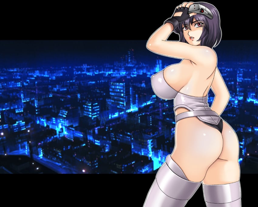 3d armpits ass back bare_shoulders belt black_gloves breasts building cityscape covered_nipples curvy female fingerless_gloves from_side gaden ghost_in_the_shell ghost_in_the_shell_stand_alone_complex gloves glowing grey_thighhighs hair_between_eyes hand_up head-mounted_display highleg highleg_leotard huge_breasts kusanagi_motoko legs_apart leotard letterboxed lights lipstick looking_at_viewer looking_back makeup night night_sky outline pink_eyes purple_hair shiny_clothes shiny_skin short_hair sideboob sky solo standing strapless strapless_leotard thighhighs thighs thong_leotard