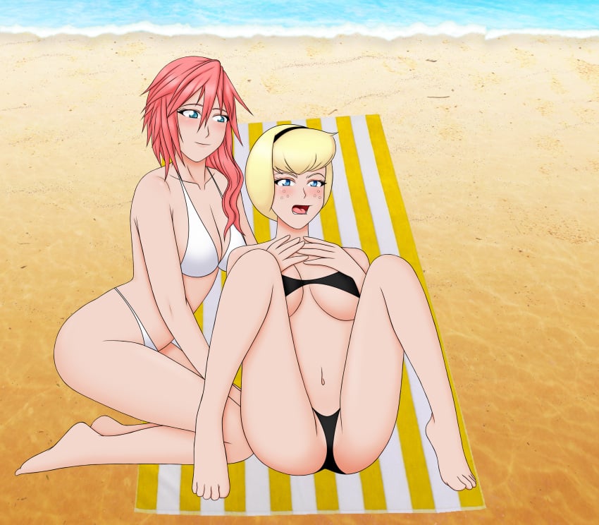 2girls anoneysnufftan applying_sunscreen archie_comics aurastudio beach bikini blonde_hair blue_eyes crossover eastern_and_western_character eclair_farron embarrassed female female_only final_fantasy final_fantasy_xiii freckles hairband humiliation imminent_death killer_lotion massage murder peril punishment red_hair rubbing sabrina_spellman sabrina_the_teenage_witch sand short_hair snuff summer sunbathing swimsuit towel