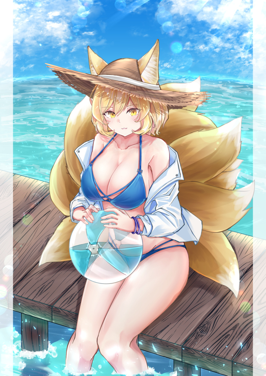 :3 alternate_costume alternate_headwear animal_ear_fluff animal_ears armpit_peek ball beach_ball bikini blonde_hair blue_bikini blue_sky blush bracelet breasts cleavage cloud collarbone commentary_request day ears_through_headwear female fox_ears fox_tail groin hair_between_eyes halterneck hat highres holding holding_ball horizon horny jacket jewelry knees_together_feet_apart large_breasts legs_together lens_flare light_blush looking_at_viewer multiple_tails ocean off-shoulder_jacket off_shoulder open_clothes open_jacket outdoors pier pillarboxed ran_yakumo sarasadou_dan short_hair sitting sky soaking_feet solo straw_hat string_bikini swimsuit tagme tail touhou white_jacket yakumo_ran yellow_eyes