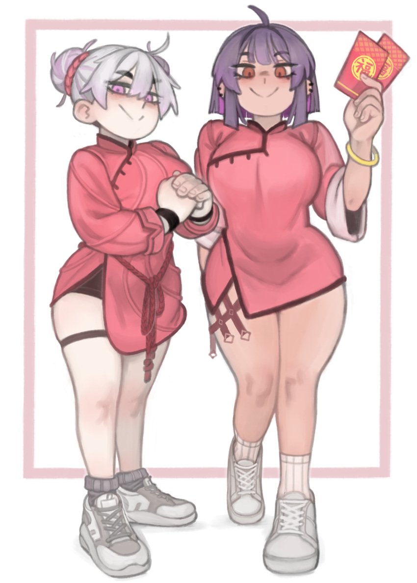 2girls breasts china_dress clothed dress female kelvin_hiu large_breasts light-skinned_female light_skin long_hair mary_(kelvin_hiu) original original_character purple_eyes purple_hair red_eyes shortstack smile thick_thighs tied_hair violet_(kelvin_hiu) white_hair