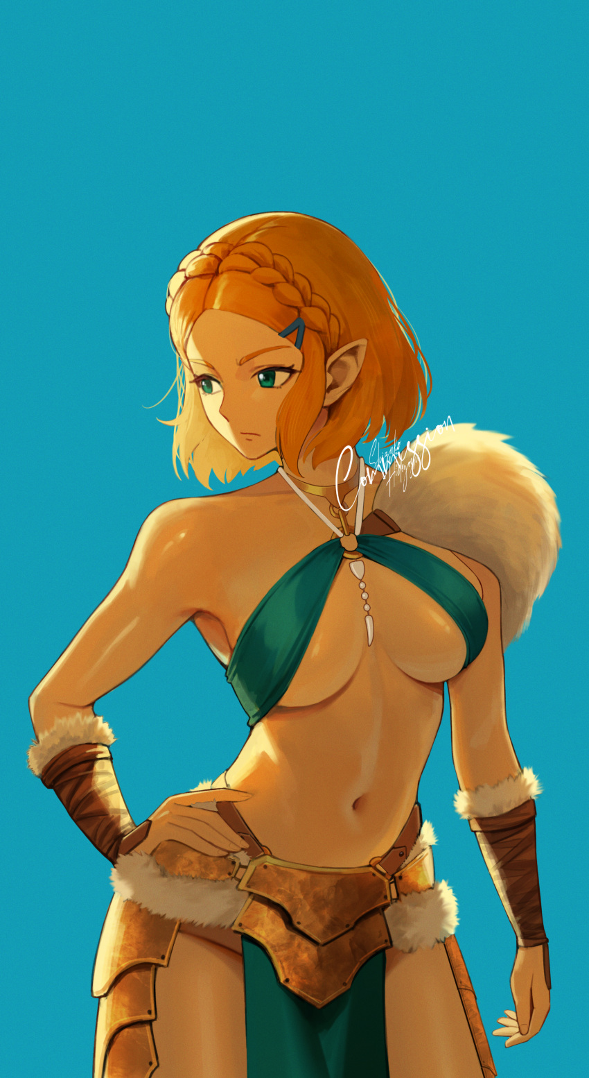 1girls aqua_eyes blonde_hair bocas_top female female_only fully_clothed hairclip hand_on_hip hylian hylian_ears large_breasts loincloth pointy_ears princess_zelda revealing_clothes shizuko_hideyoshi short_hair skimpy_clothes tears_of_the_kingdom the_legend_of_zelda unconvincing_armor underboob vambraces zelda_(tears_of_the_kingdom)