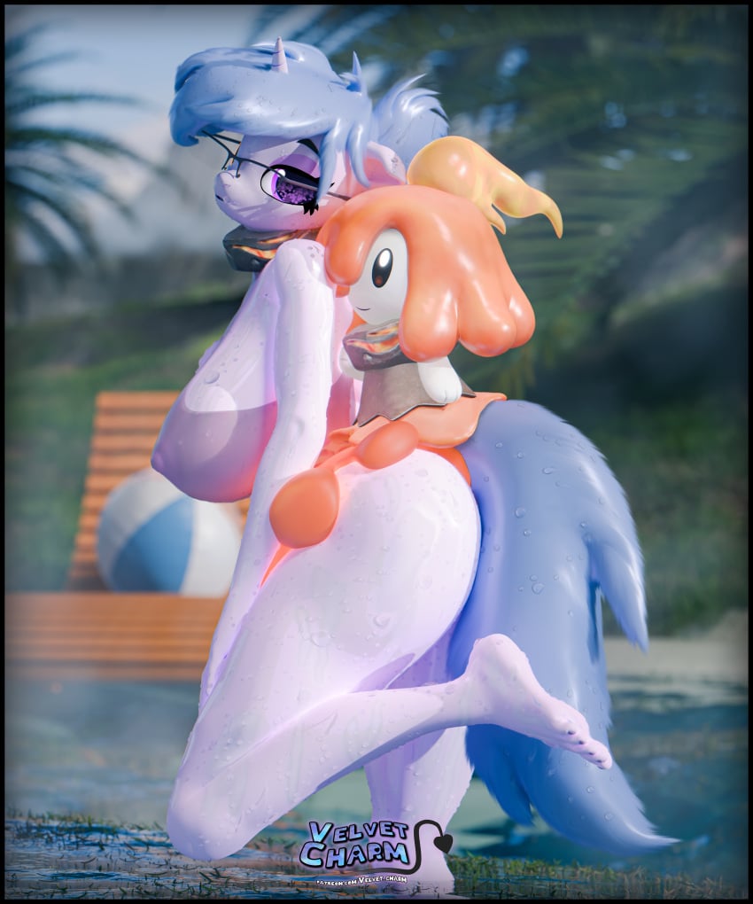 3d 3d_(artwork) anthro areola ass big_areola big_ass big_breasts big_nipples big_thighs blender_(software) blender_cycles breasts butt cosplay crossover duo female flambelle horn huge_ass huge_breasts huge_thighs my_little_pony nipples pal_(species) palworld pool size_difference steamy_(oc) tagme thick_hips thick_thighs thighs unicorn velvet_charm voluptuous water wet wet_body